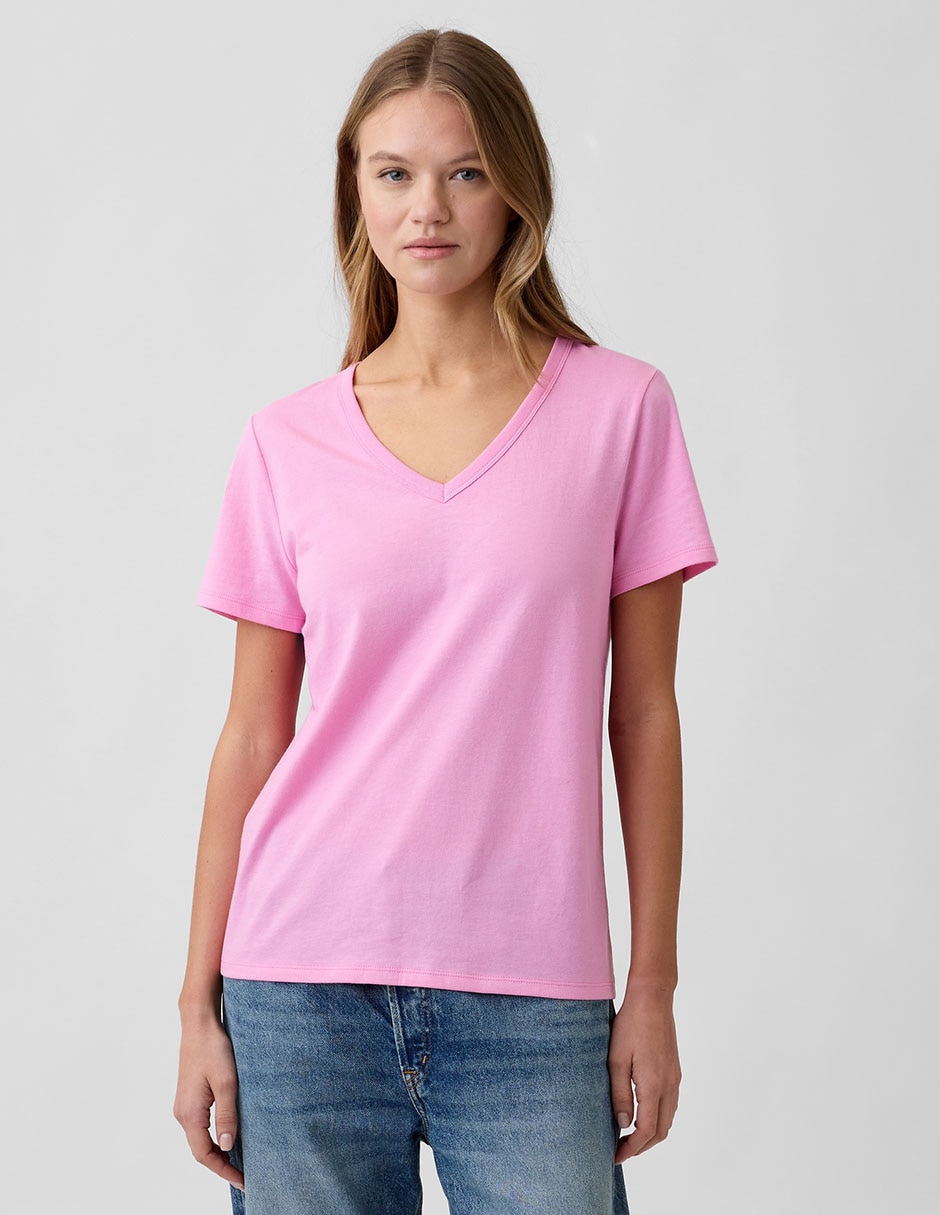 Playera manga corta cuello V para mujer