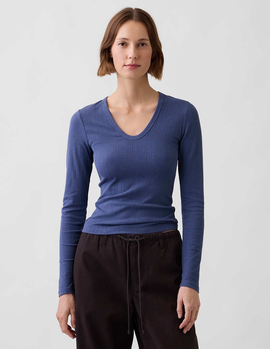 Playera manga larga cuello V para mujer