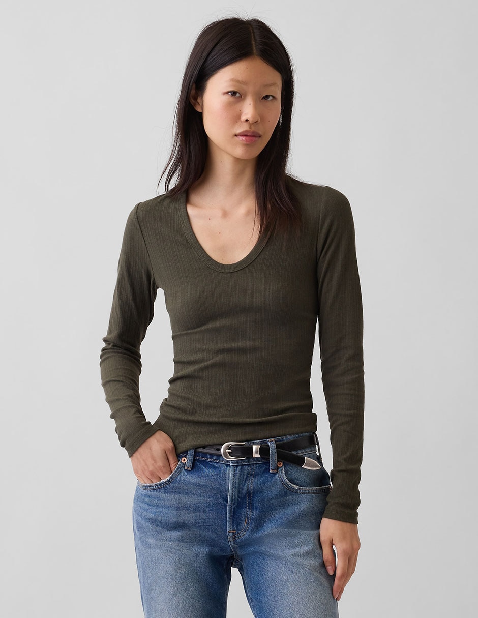 Playera manga larga cuello V para mujer 1